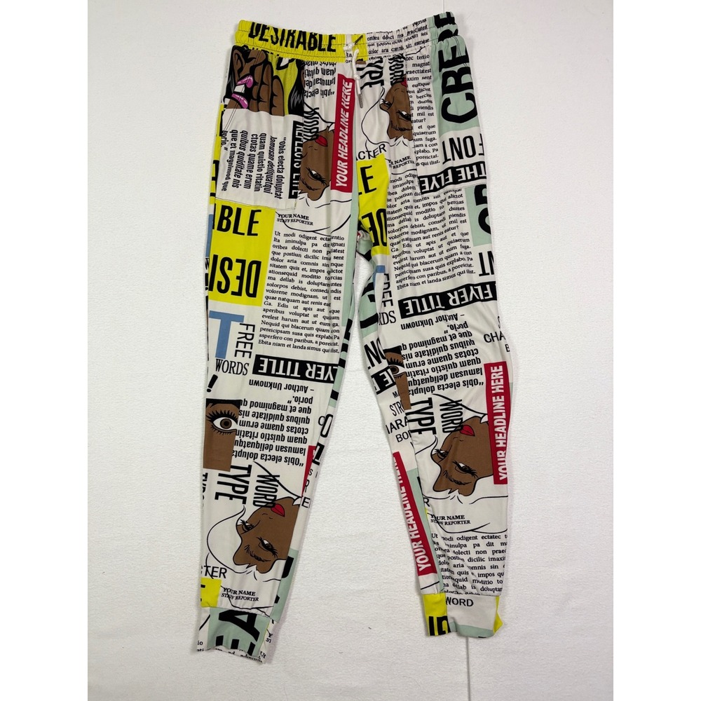 I Believe Newspaper Pop Art Print Joggers Women Large Yellow Graphic Sweatpants